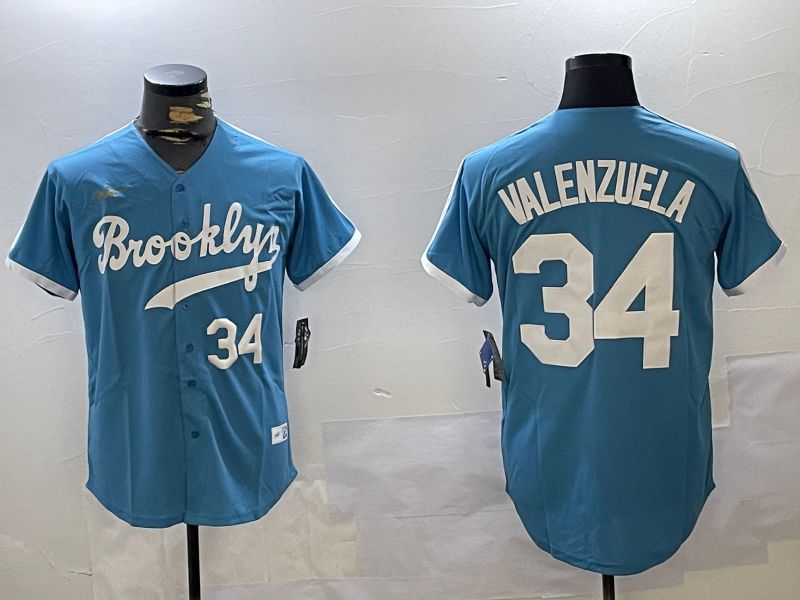 Men Los Angeles Dodgers 34 Valenzuela Light Blue Game 2024 Nike MLB Jersey style 10293